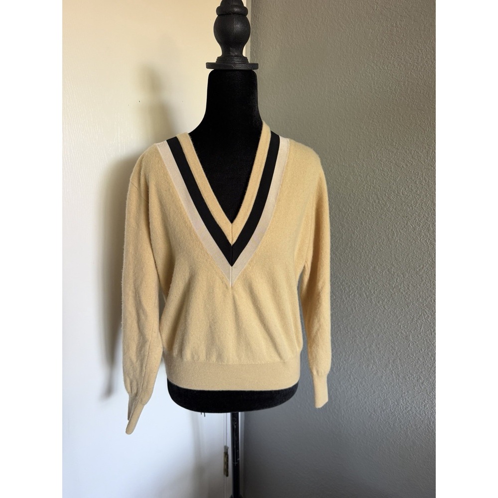 Sandro Paris Womens M US 6 Wool Cashmere V Neck Sweater Beige Contrast Trim - Picture 2 of 8